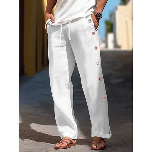 

40% Linen Men's Linen Pants Trousers Summer Pants Baggy Pants Drawstring Elastic Waist Side Button Plain Breathable Comfortable Office / Career Daily Vacation Classic Casual Black White