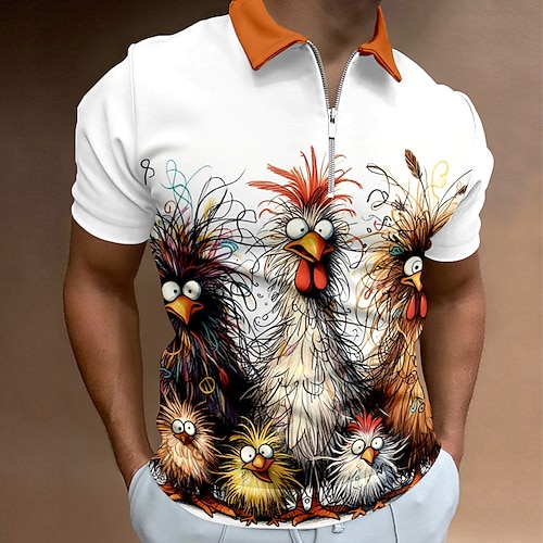 

Chicken Funny Men's Polo Shirt Zip Polo Short Sleeve Party Evening Dailywear Vacation Summer Spring Zipper 3D Print Collar Black White Yellow Micro-elastic Polyester