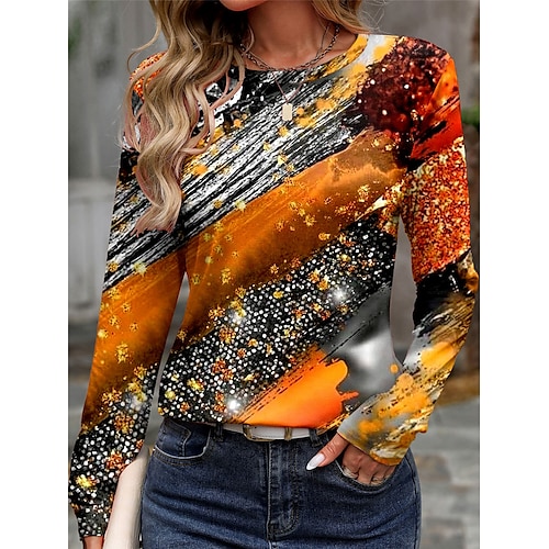 

Women's T shirt Tee Print Daily Casual Long Sleeve Crew Neck Orange Spring Fall