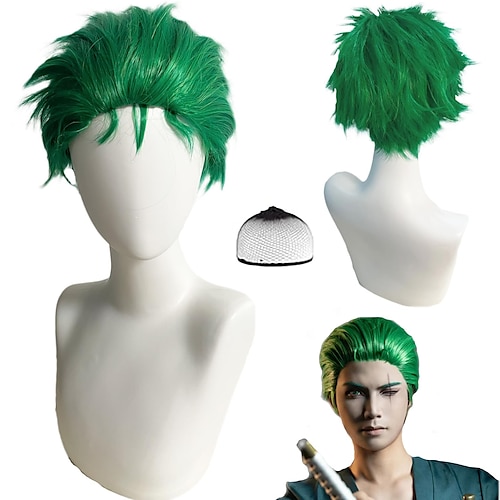 

Green Spiky Short Wig Layered Wig for Men for Anime Cospaly Costume Staight Synthetic Wig for Carnival Christmas Event with Wig Cap