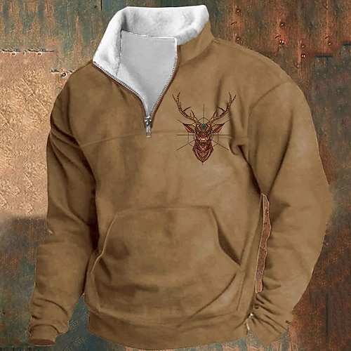 

Men's Sweatshirt Quarter Zip Sweatshirt Blue Brown Khaki Half Zip Reindeer Print Christmas Daily Holiday Streetwear Casual Thin fleece Fall & Winter Clothing Apparel Hoodies Sweatshirts