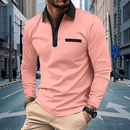 

Men's Golf Shirt Golf Polo Work Casual Lapel Long Sleeve Basic Modern Solid Color Button Pocket Spring & Fall Regular Fit Light Pink Black White Pink Navy Blue Khaki Golf Shirt