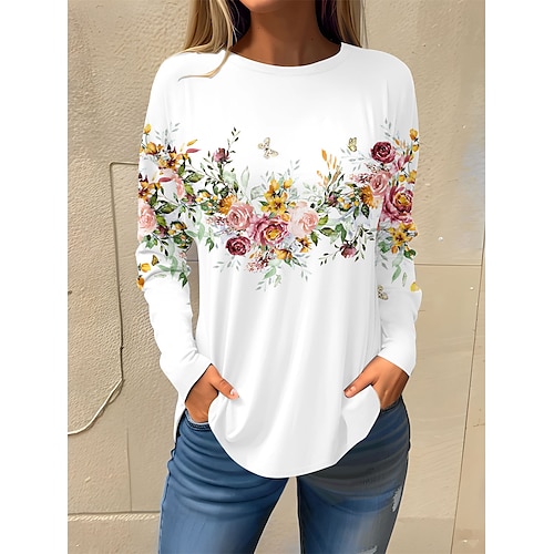 

Women's T shirt Tee Floral Print Holiday Weekend Basic Long Sleeve Round Neck White Fall & Winter