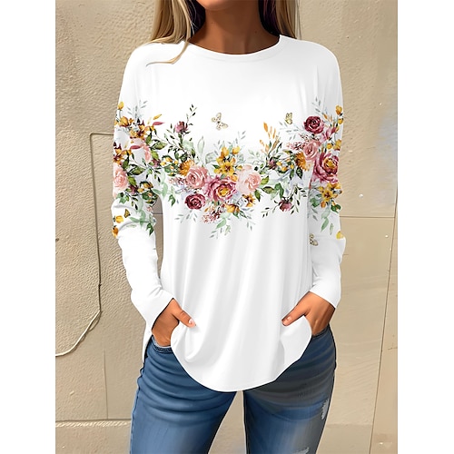 

Women's T Shirt Basic Floral Print Long Sleeve Regular Tops Round Neck Holiday Weekend White Pink Red Navy Blue Blue Fall & Winter