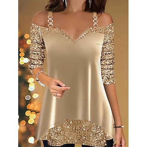 

Women's T Shirt Festival / Holiday Sparkly Regular Tops Long Sleeve Cold Shoulder V Neck Sequins Regular Fit Party Weekend Khaki Gray Spring & Fall