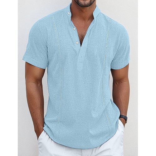 

Men's Shirt Linen Shirt Guayabera Shirt Popover Shirt Summer Shirt Beach Wear White Navy Blue Blue Green Short Sleeve Plain Collar Summer Casual Daily Clothing Apparel