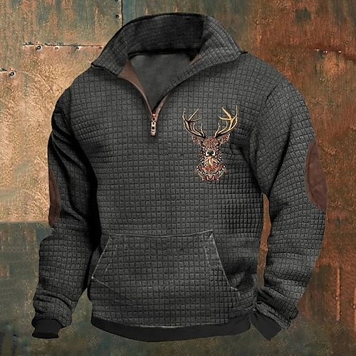 

Men's Sweatshirt Quarter Zip Sweatshirt Black Dark Gray Half Zip Reindeer Print Christmas Daily Holiday Streetwear Casual Spring & Fall Clothing Apparel Hoodies Sweatshirts Long Sleeve