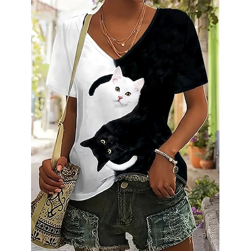 

Women's T shirt Tee Color Block Cat Print Daily Basic Casual Short Sleeve V Neck Black and White Summer