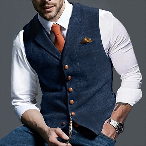 

Men's Vest Waistcoat Daily Wear Going out Vintage Fashion Spring & Fall Button Polyester Comfortable Plain Single Breasted V Neck Regular Fit Deep Green Navy Dark Gray Light Grey Vest