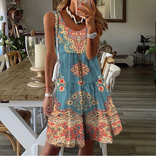 

Women's Polyester Sundress Tank Dress Floral Ruffle Trim Asymmetrical Hem U Neck Midi Dress Tropical Vacation Beach Sleeveless Summer Spring