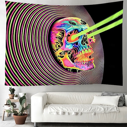  tapeçaria de luz negra uv reativa brilha no escuro caveiras brilhantes festa psicodélica psicodélica alucinante tapeçaria pendurada arte de parede mural para sala de estar quarto