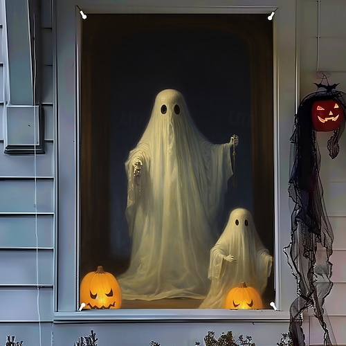  halloween fönsterskyddsdekorationer, tyg söta spökljus halloweengardin skräckfilmaffisch fönsterdörrtäckningsdekor för spökhus, läskiga halloweenfönster klamrar dekaler inomhus utomhus