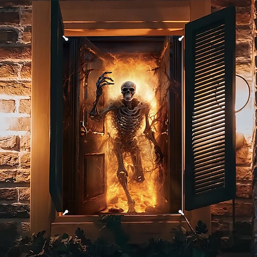  halloween vindusdekorasjoner, stoff skallen ut av brann halloween gardin plakat vindusdør som dekker dekor for hjemsøkt hus, skummelt halloween vindu klinger dekaler innendørs utendørs