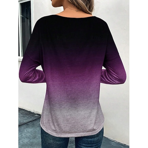  Dames T-shirt Kleurgradatie Modieus Casual Lange mouw Ronde hals Normale tops Dagelijks Weekend Afdrukken Rood blauw Paars Grijs Lente & Herfst