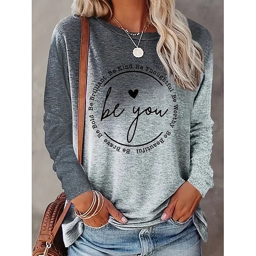 Per donna Maglietta Ombre Lettera Casual Manica Lunga Girocollo Top Regolari Quotidiano Weekend Stampato Grigio Primavera & Autunno