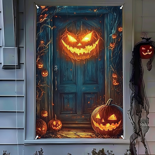  halloween vindusdekor dekorasjoner, stoff hekser skumle halloween gardin skrekkfilm plakat vindusdør som dekker dekor for hjemsøkt hus, skummelt halloween vindu klinger dekaler innendørs utendørs