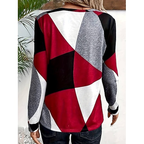  Camiseta de mujer con estampado casual, manga larga, cuello redondo, para uso diario, color vino, marrón, verde, gris, primavera y otoño