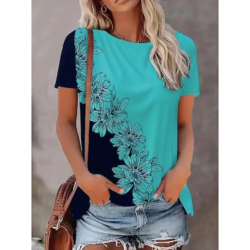  t-shirt femme décontracté imprimé manches courtes hauts réguliers quotidien noir rose bleu ciel bleu été