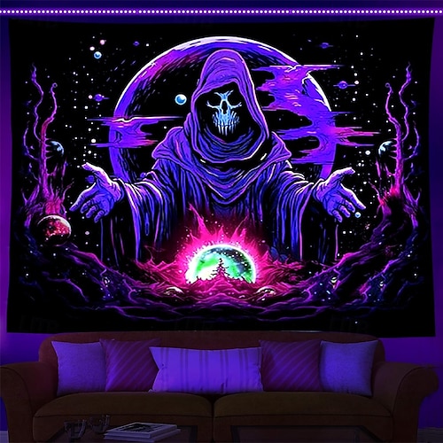  tapeçaria de luz negra uv reativa brilha no escuro caveiras brilhantes festa psicodélica psicodélica alucinante tapeçaria pendurada arte de parede mural para sala de estar quarto