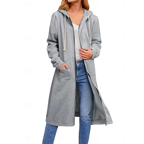Damen Hoodie Jacke Outdoor Strasse Freizeitskleidung Herbst Winter Lang Mantel Regular Fit warm Atmungsaktiv Brautkleider schlicht Jacken Langarm Feste Farbe Mit Taschen Full Zip Schwarz Marineblau