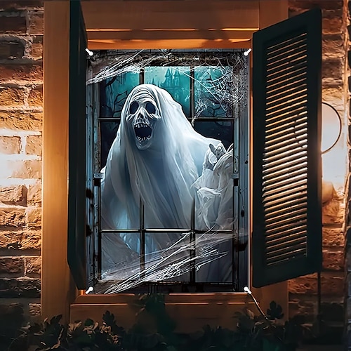  halloween vindusdekor dekorasjoner, stoff hekser skumle halloween gardin skrekkfilm plakat vindusdør som dekker dekor for hjemsøkt hus, skummelt halloween vindu klinger dekaler innendørs utendørs