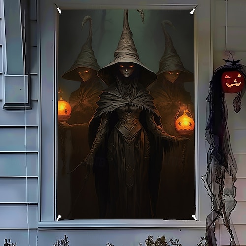  halloween fönsterskyddsdekorationer, tyg söta spökljus halloweengardin skräckfilmaffisch fönsterdörrtäckningsdekor för spökhus, läskiga halloweenfönster klamrar dekaler inomhus utomhus