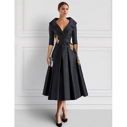 Robe de cocktail A-Line brodée noire et violette robe de smoking mère de la mariée élégante formelle longueur cheville à manches 3/4 col chemise poche satin avec appliqués