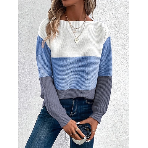 Femme Pull Chandail Décontractées Flexible Bloc de couleur Col Ras du Cou Patchwork manche longue Hauts réguliers Tricoter Extérieur du quotidien Rose Claire Bleu Printemps Automne