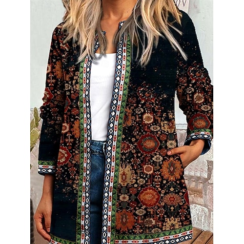  Women's Jacket Dailywear Square Neck Print Floral Casual / Daily Vintage Loose Fit Outerwear Long Sleeve Spring Ocean Blue S