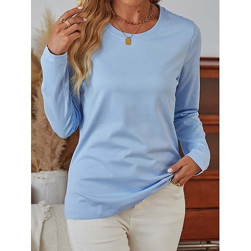T shirt da Donna 100% Cotone Colore Solido Tee Quotidiana Weekend Casual Maniche Lunghe Nero Autunno Inverno