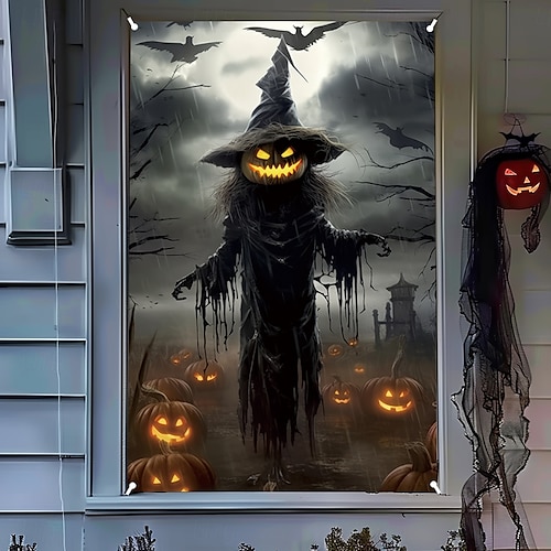  halloween fönsterskyddsdekorationer, tyg söta spökljus halloweengardin skräckfilmaffisch fönsterdörrtäckningsdekor för spökhus, läskiga halloweenfönster klamrar dekaler inomhus utomhus