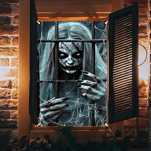  halloween vindusdekor dekorasjoner, stoff hekser skumle halloween gardin skrekkfilm plakat vindusdør som dekker dekor for hjemsøkt hus, skummelt halloween vindu klinger dekaler innendørs utendørs