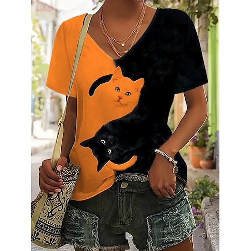  dámské tričko basic casual color block cat print krátký rukáv běžné topy do výstřihu denní černobílá modrá oranžová letní