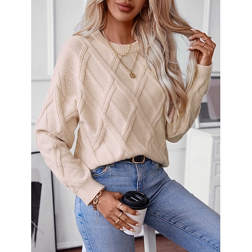 Damen Pullover Brautkleider schlicht Feste Farbe Geometrisch Rundhalsausschnitt Strick Langarm Lange Oberteile Stricken Arbeit Schwarz Beige Herbst Winter