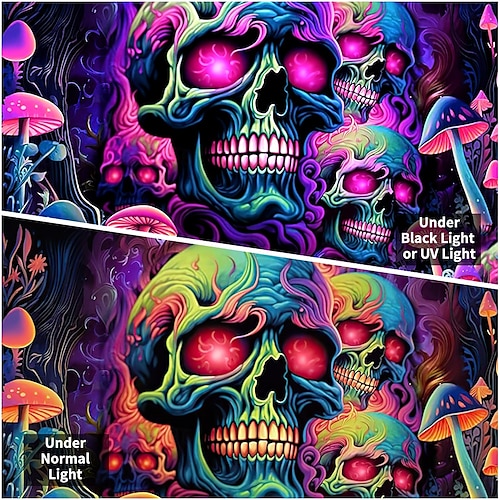 tapeçaria de luz negra uv reativa brilha no escuro caveiras brilhantes festa psicodélica psicodélica alucinante tapeçaria pendurada arte de parede mural para sala de estar quarto