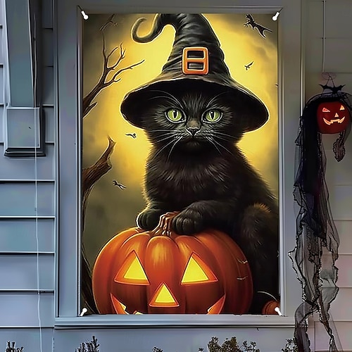  halloween vindusdekorasjoner, stoff skallen ut av brann halloween gardin plakat vindusdør som dekker dekor for hjemsøkt hus, skummelt halloween vindu klinger dekaler innendørs utendørs