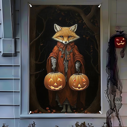  halloween fönsterskyddsdekorationer, tyg söta spökljus halloweengardin skräckfilmaffisch fönsterdörrtäckningsdekor för spökhus, läskiga halloweenfönster klamrar dekaler inomhus utomhus
