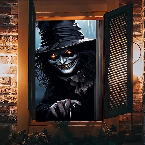 halloween vindusdekor dekorasjoner, stoff skumle halloween gardin skrekkfilm plakat vindusdør som dekker dekor for hjemsøkt hus, skummelt halloween vindu klinger dekaler innendørs utendørs