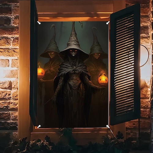  halloween fönsterskyddsdekorationer, tyg söta spökljus halloweengardin skräckfilmaffisch fönsterdörrtäckningsdekor för spökhus, läskiga halloweenfönster klamrar dekaler inomhus utomhus