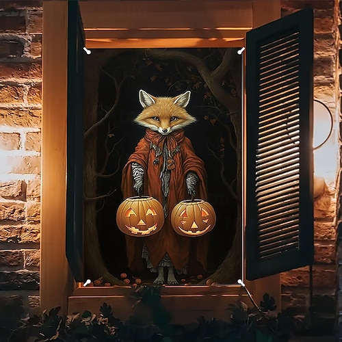  halloween fönsterskyddsdekorationer, tyg söta spökljus halloweengardin skräckfilmaffisch fönsterdörrtäckningsdekor för spökhus, läskiga halloweenfönster klamrar dekaler inomhus utomhus