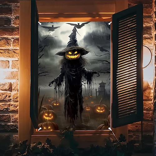  halloween fönsterskyddsdekorationer, tyg söta spökljus halloweengardin skräckfilmaffisch fönsterdörrtäckningsdekor för spökhus, läskiga halloweenfönster klamrar dekaler inomhus utomhus
