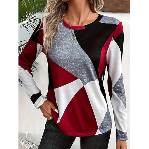  Camiseta de mujer con estampado casual, manga larga, cuello redondo, para uso diario, color vino, marrón, verde, gris, primavera y otoño