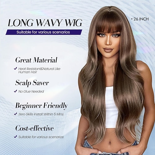 Natrual Scalp long wavy wig Long Wavy Bangs Natural Black Scalp Top Wigs - JCW034 main image 2