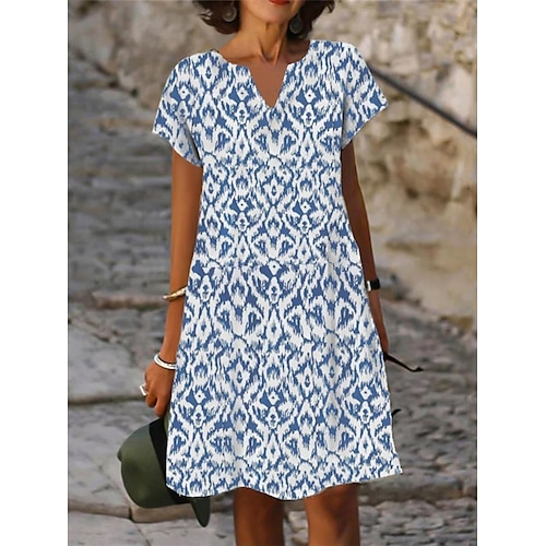 Robe Mini Femme Jersey en Coton Élasthanne Fleurie À Volants Col en V Décontractée Vacances Manches Courtes Été