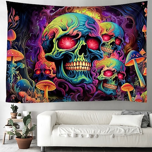  tapeçaria de luz negra uv reativa brilha no escuro caveiras brilhantes festa psicodélica psicodélica alucinante tapeçaria pendurada arte de parede mural para sala de estar quarto