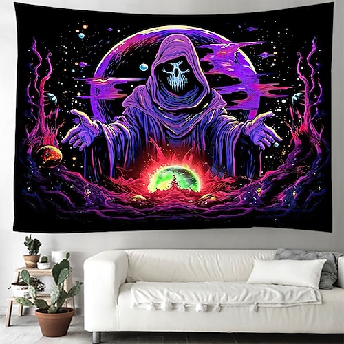  tapeçaria de luz negra uv reativa brilha no escuro caveiras brilhantes festa psicodélica psicodélica alucinante tapeçaria pendurada arte de parede mural para sala de estar quarto