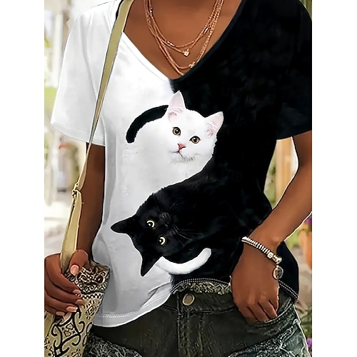  dámské tričko basic casual color block cat print krátký rukáv běžné topy do výstřihu denní černobílá modrá oranžová letní
