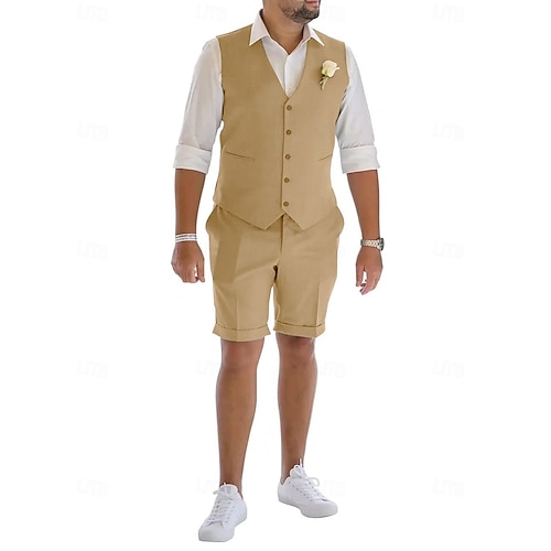  Men's Linen Suits Wedding Shorts Waistcoat Beach Summer Solid Formal Light Blue Sky Blue Dark Navy Colored Causal 2 Piece Tailored Fit