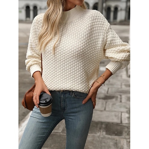 Femme Pull Chandail Décontractées Flexible Couleur unie Col montant Texturé manche longue Hauts réguliers Tricoter Extérieur Travail du quotidien Noir Blanche Automne Hiver