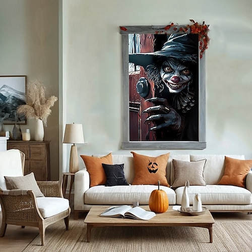  halloween vindusdekor dekorasjoner, stoff skumle halloween gardin skrekkfilm plakat vindusdør som dekker dekor for hjemsøkt hus, skummelt halloween vindu klinger dekaler innendørs utendørs